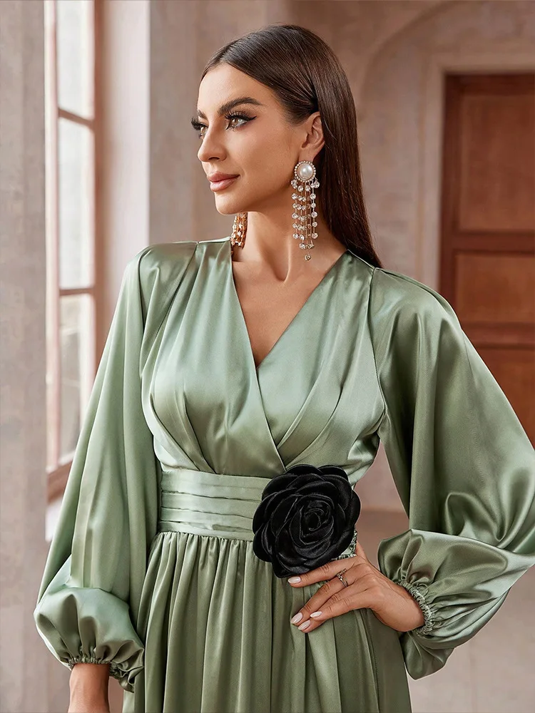 Dubai Abaya for Women Satin Flower Maxi Evening Party Dress Muslim Kaftan Eid Islam Jalabiya Caftan Marocain Femme Vestidos Gown image 5