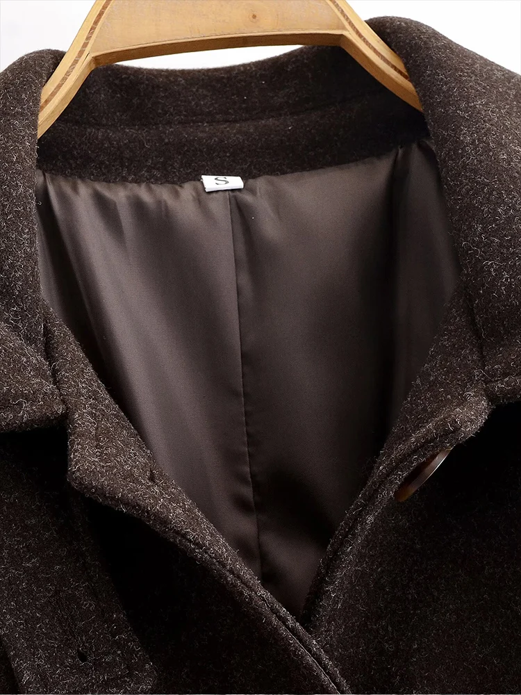 معطف نسائي جديد على الطراز الأوروبي أنيق ومتعدد الاستخدامات من الصوف بصدر واحد مع طية صدر السترة وحزام. #6