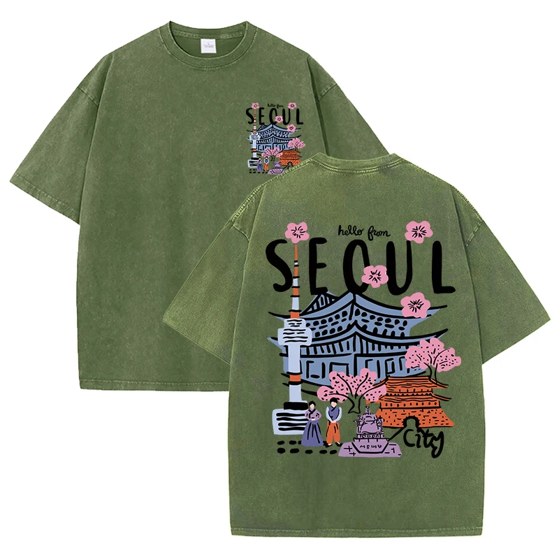 Seoul Beautiful Scenery Printed Washed T Shirt Female Summer Crewneck Clothes Trendy Cotton Short Sleeve Casual New T-Shirts