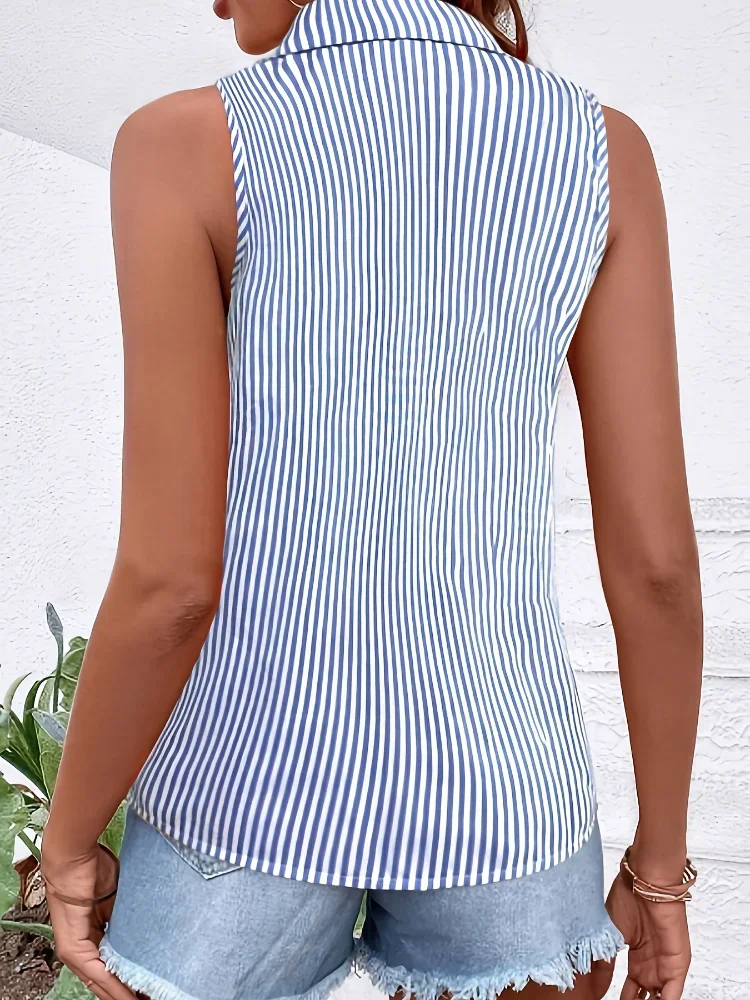 حجم كبير 2025 المرأة عادية الأزرق مخطط قميص بدون أكمام كبيرة الحجم تنفس الملابس النسائية مكتب سيدة صيف جديد وصول