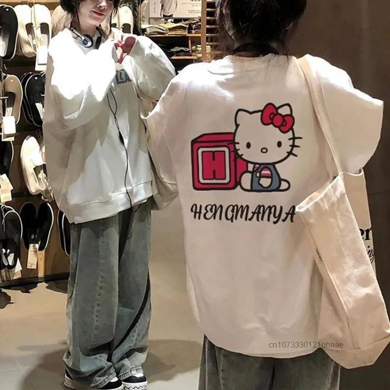 Sanrio hello kitty em torno do pescoço hoodie estudantes do sexo feminino outono novo solto design simples pulôver versão coreana versátil tendência topo