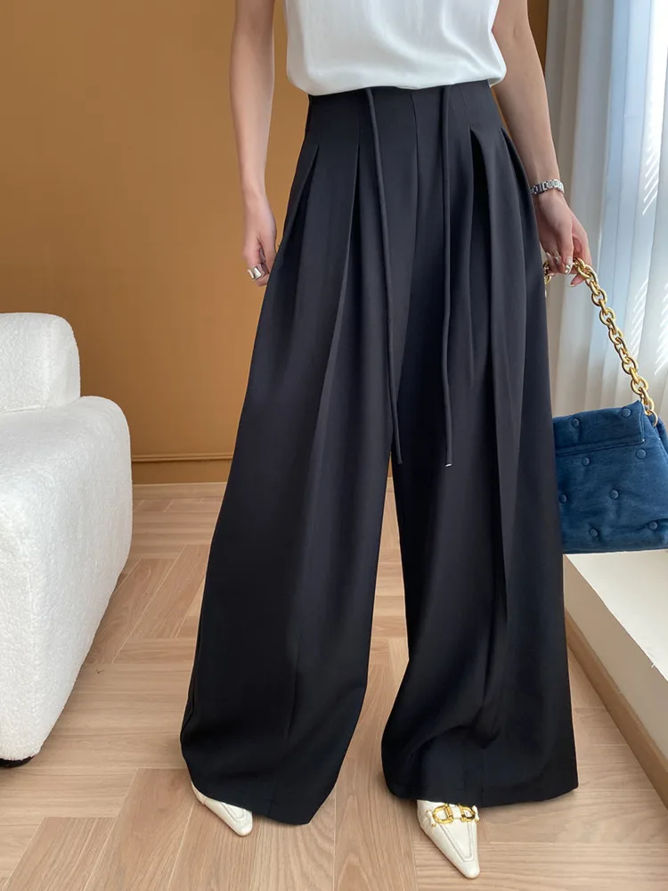 LANMREM-Pantalones plisados de cintura alta para mujer, trajes con cordón, pantalones de pierna ancha, ropa de oficina, Primavera, 2024