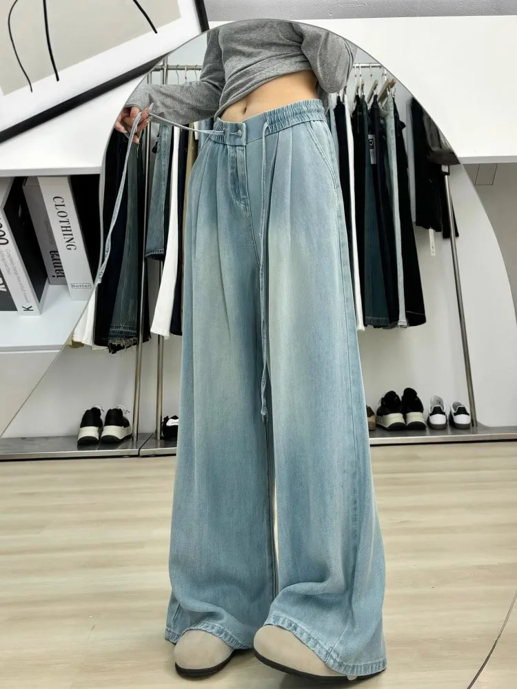 High Waist Wide Leg  Denim Pants Women Summer Thin Loose Slimming Ice Silk Long Pants Casual Sle Iron Free Procing