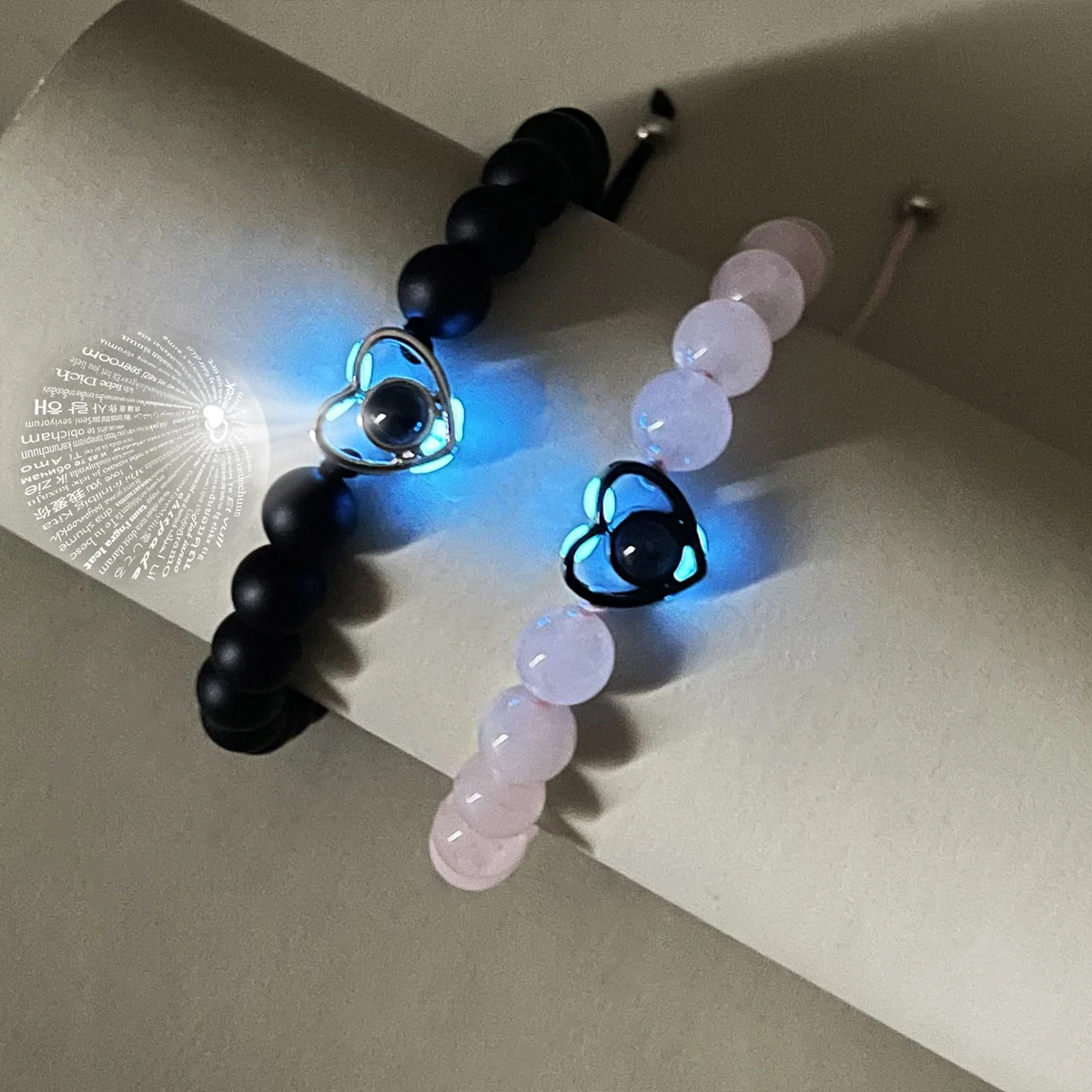 Couple's Silver-Black Heart Projection Beaded Rope Hand Cord Interlocking Design Fashionable Accessory