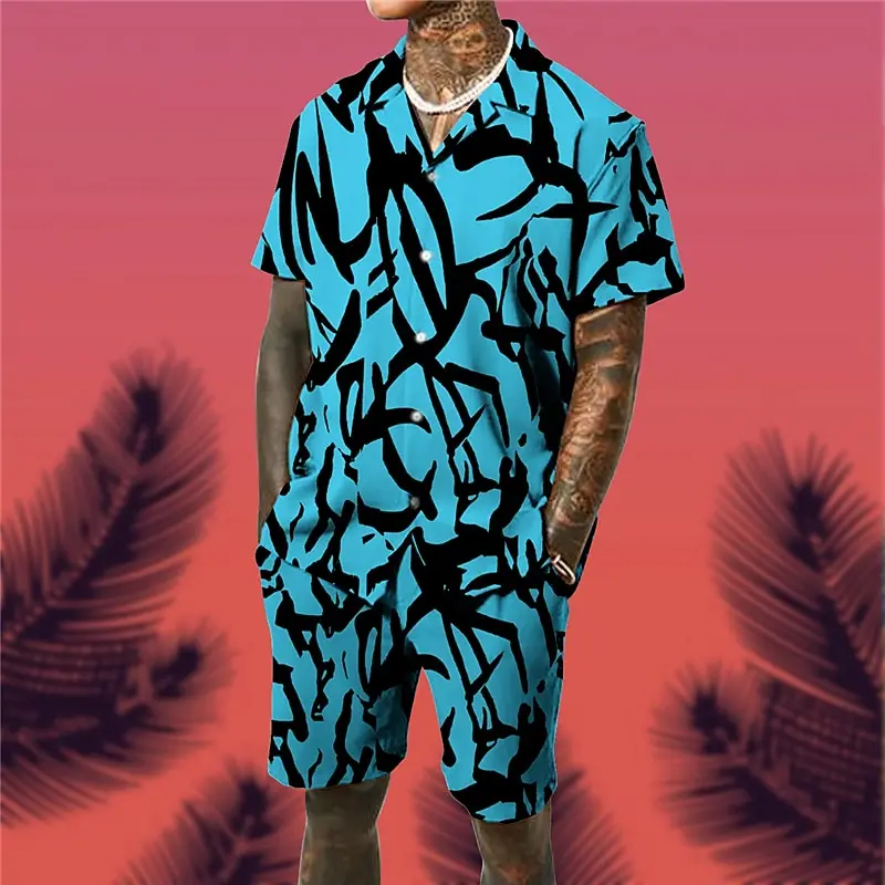 

Летние мужские шорты и рубашки с геометрическим принтом, комплект из 2 предметов, пляжная одежда с завязками на талии, тропический принт, азиатский размер