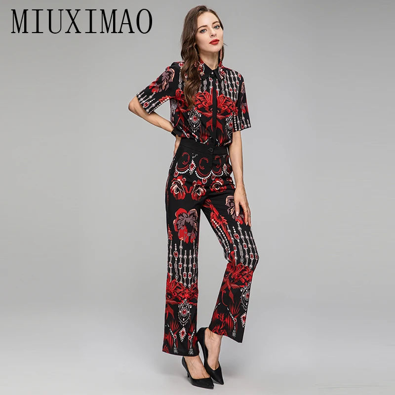 MIUXIMAO 2023 autunno Dress Diamond collar elegante Set manica corta con stampa floreale camicia + pantaloni moda due pezzi Set donna Vestides