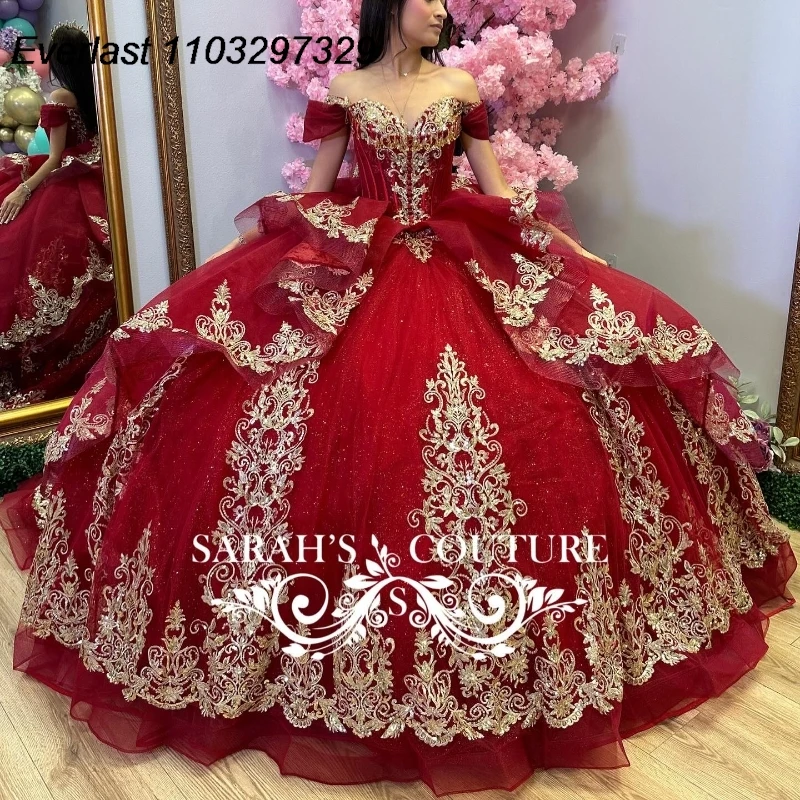 

EVLAST 2024 Red Quinceanera Dress Ball Gown Shiny Gold Lace Applique Beaded Tiered Mexican Sweet 16 Vestidos De 15 Años TQD864