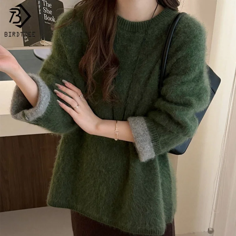 

Birdtree,100% Pure Wool Plush Warmth Sweater,Women Knitted Thicken Tops,O-neck, Full Sleeve, 2025 Autumn Winter PulloverT5D105JF