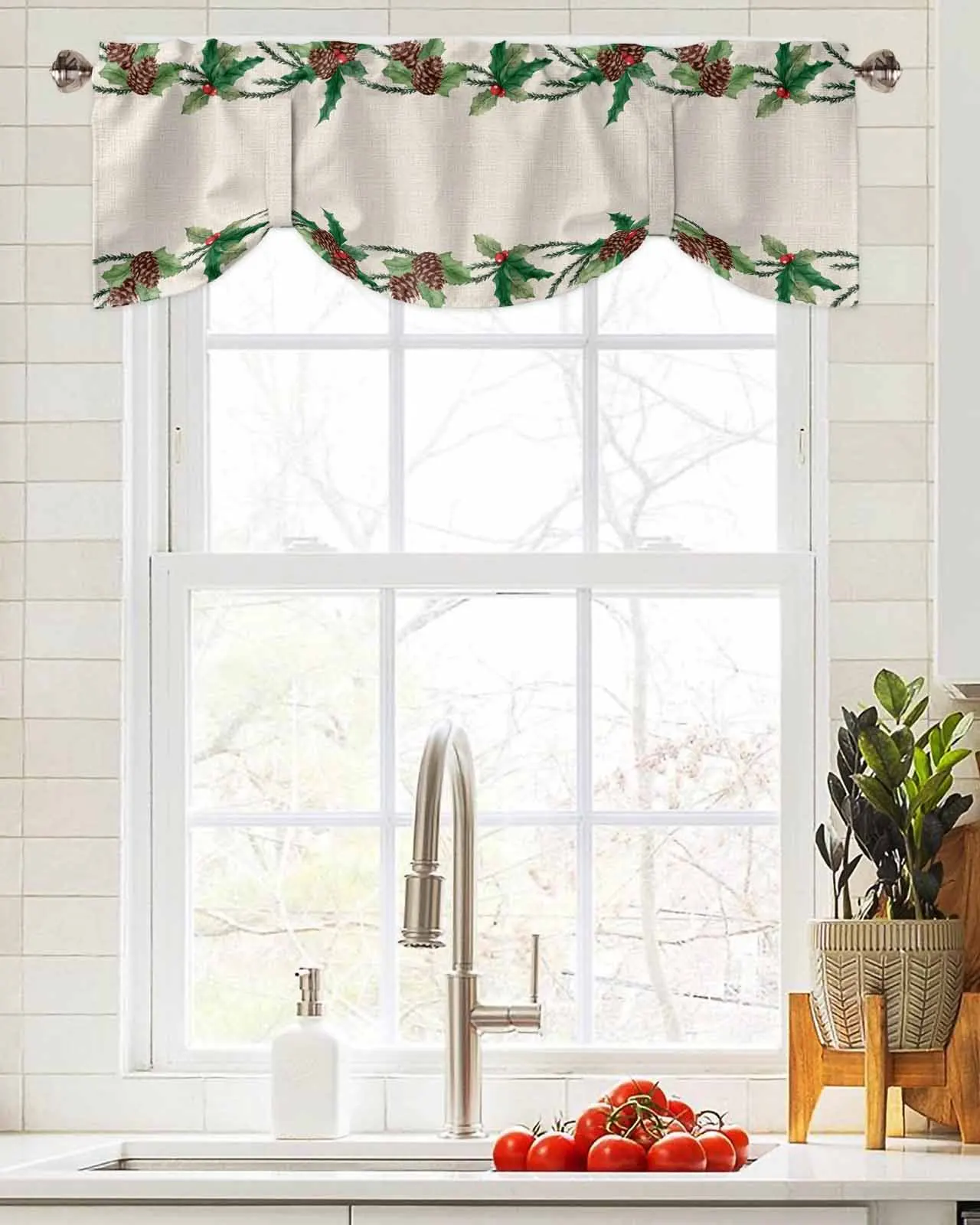 

Christmas Plant Berries Pine Cones Window Curtain Living Room Kitchen Cabinet Tie-up Valance Curtain Rod Pocket Valance