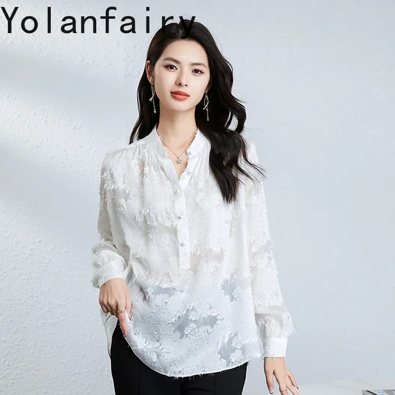 YOLANFAIRY 우아한 100% 리얼 멀 베리 실크 블라우스 여성용 루즈 긴 소매 탑 섹시한 시스루 여성용 탑 및 블라우스 상의