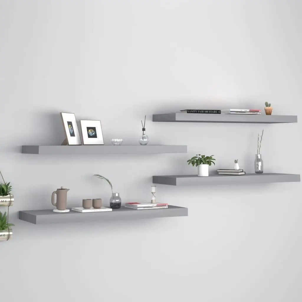 Set of 4 Grey Floating Wall Shelves - 80x23.5x3.8 cm MDF for Stylish Home Storage