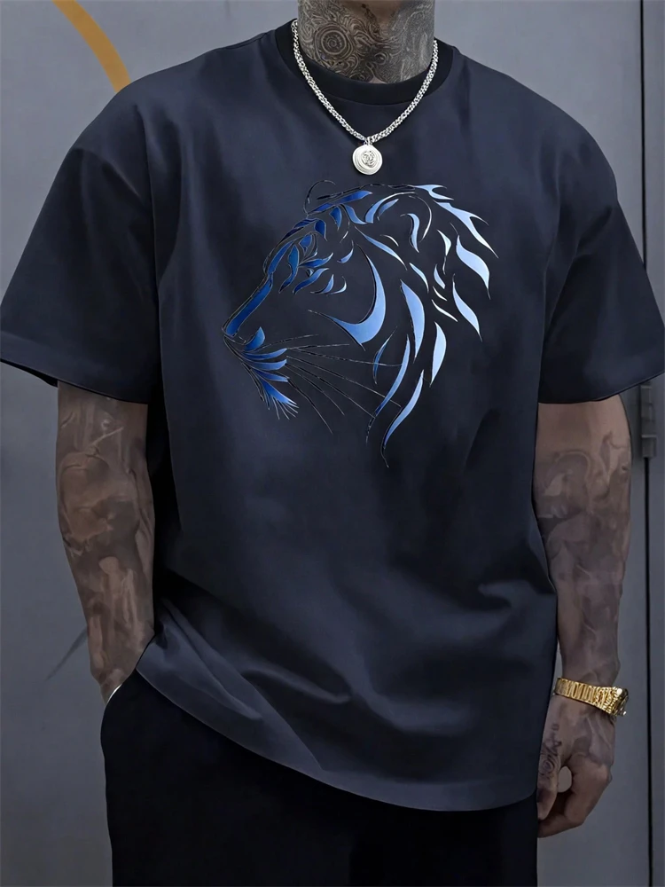 Men's Summer Tiger-Print Short-Sleeve T-Shirt Stylish Casual Loose-Fit Round-Neck Short-Sleeve Sports and Fitness Top