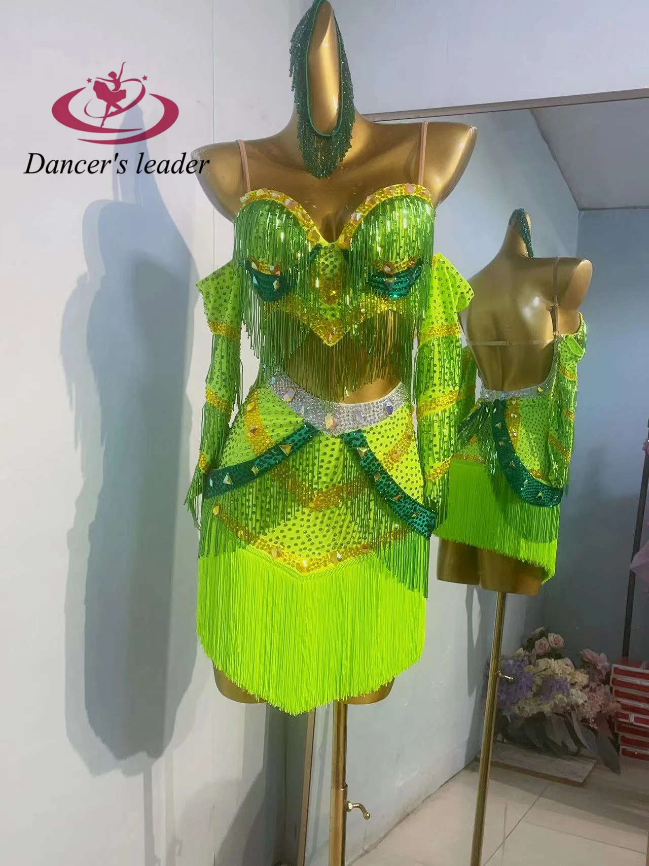 فستان الرقص اللاتيني الراقية مخصص حبة أنبوب شرابة الصدرية سامبا الماس المرأة الكبار مرحلة الملابس المهنية #3