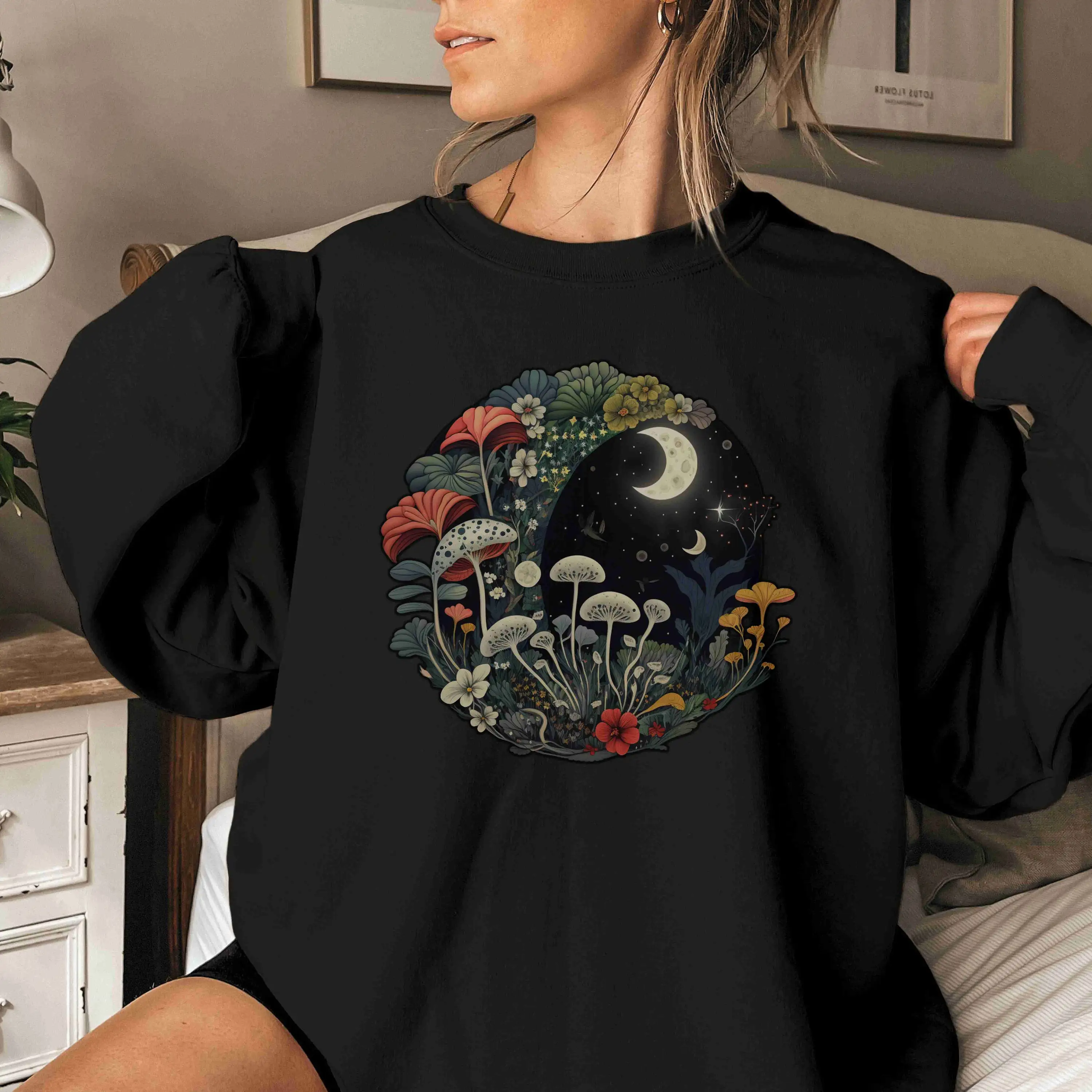 2024 New Vintage Stysle Vindicate Lover Valentine's Day Female Sweatshirt  Mushroom Flowers Moon Night View Print Couple Tops