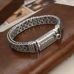 QN Silver Color 2023 Green Stone Vine and Grass Pattern Woven Bracelet for Men's Personalized Retro Ethnic Style Fashion Jewelry