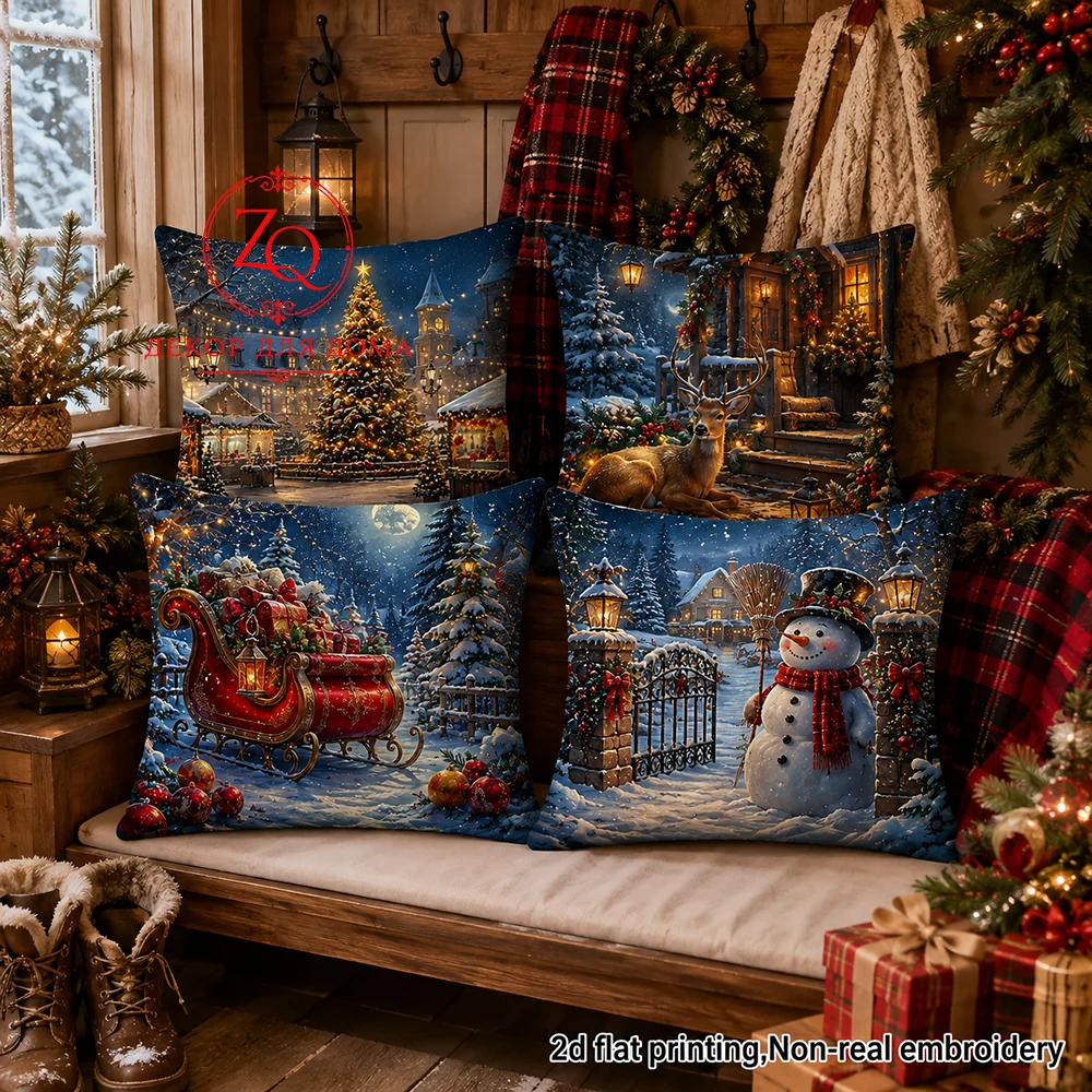 Christmas Pillow Covers Decorative Throw Pillow Cases Farmhouse Bedroom Holiday Winter Home Decor Snowman Sleigh Reindeer