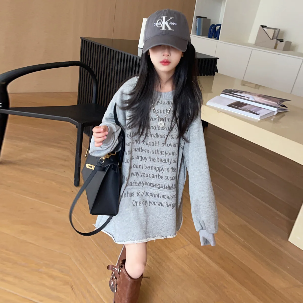 Spring Autumn School Girl Long Sweatshirt Dress Teenager Girl Retro O-neck Printed Hooded Pullover Junior Girl Sport Dress