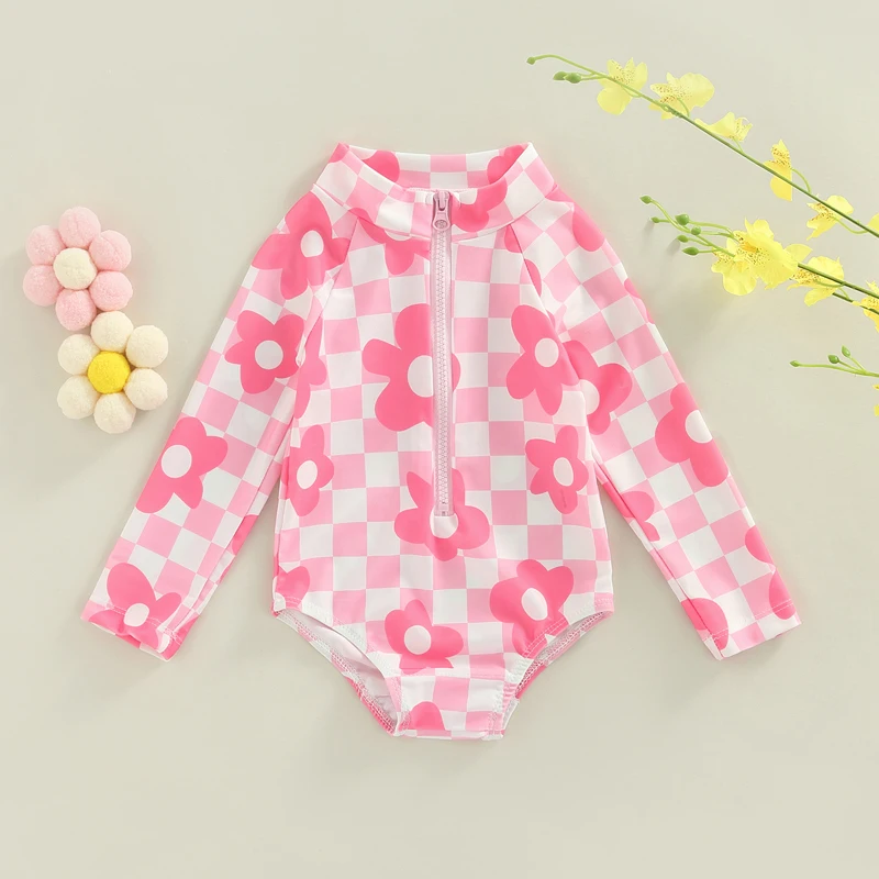 

Tregren Toddler Baby Girls Long Sleeve Bodysuit Swimsuit Floral Print Plaid Zipper Swimwear Summer Infant Bathing Suit Beachwear