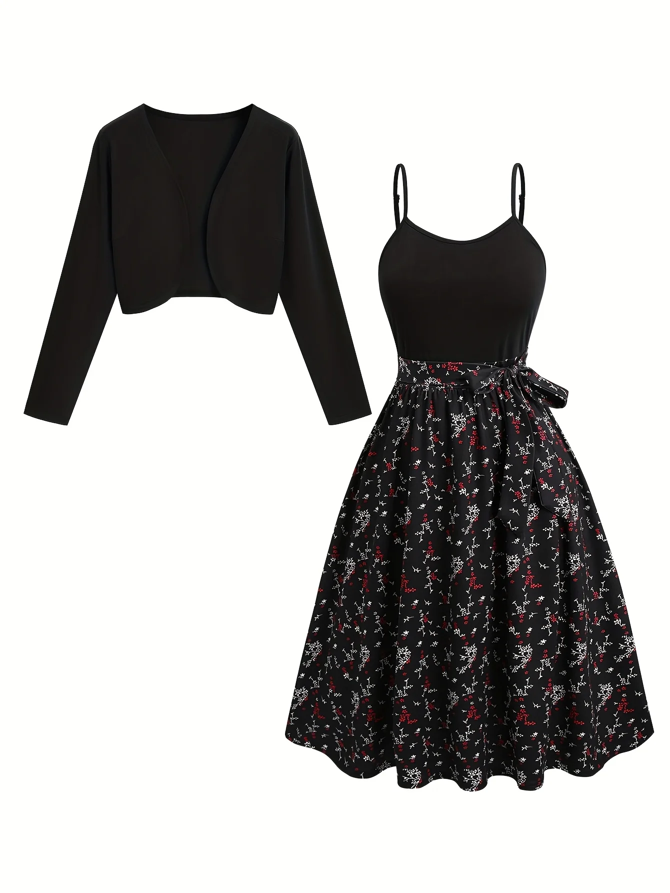 

A two-piece set of elegant long-sleeved coat and floral print dress for plus-size women in European and American fashion