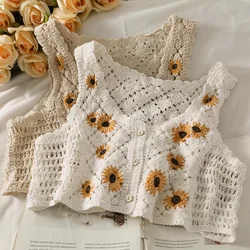 OUMEA Women Sweet Cotton Cardigan Summer Floral Embroidery Sleeveless Buttons Front Crop Tops Beach Sweet Crochet French Style