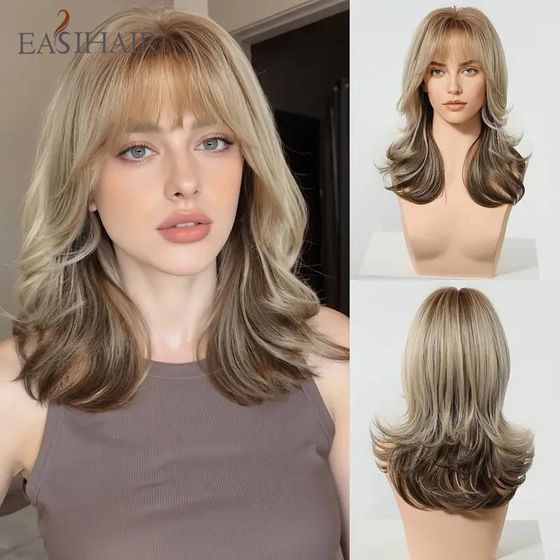 EASIHAIR Medium Length Wavy Synthetic Wigs for Women Blonde to Brown Ombre Wavy Layered Hair Wig With Bangs Daily Heat Resistant