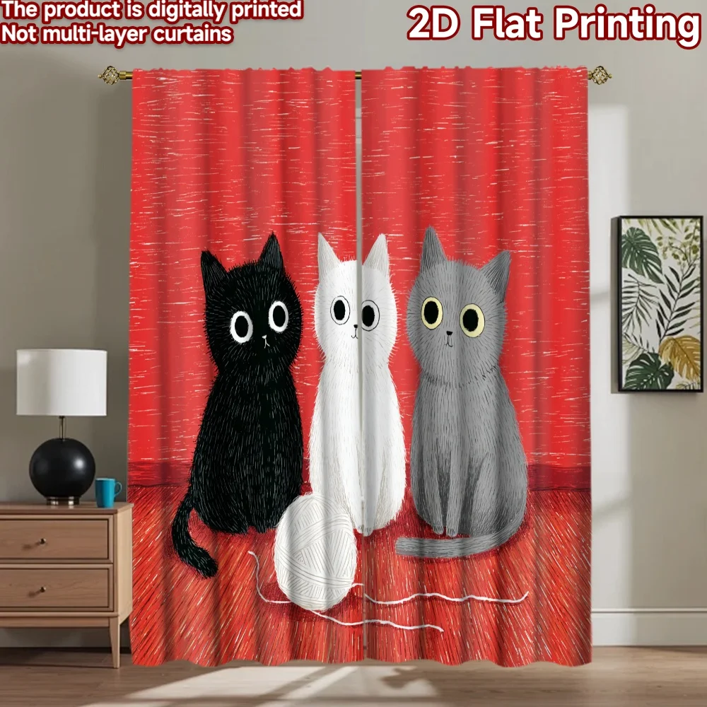 

2D flat printing 2pcs Curtains Cute Cats Yarn Digital Printed Polyester Drapes Birthday Party for Photo Booths Birthdays
