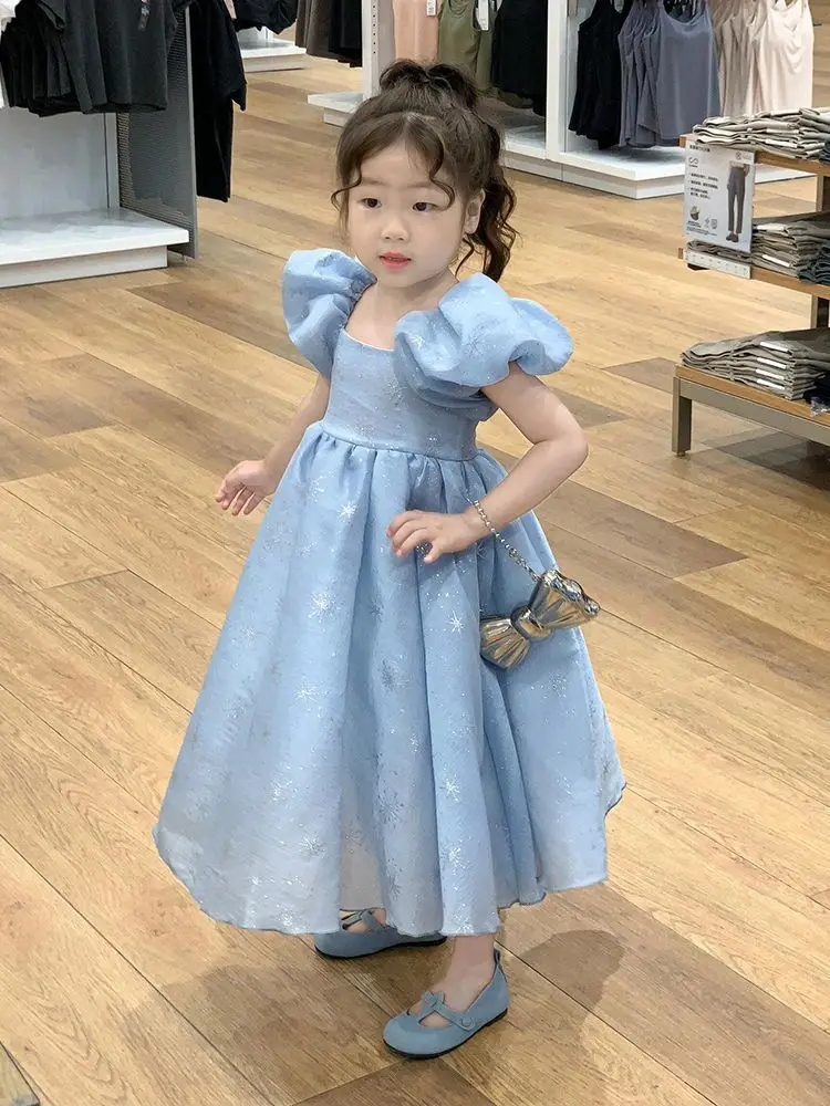 Abbigliamento per bambini 2024 estate corea nuovo dolce elegante manica a bolle vestito da principessa ragazze vestito di compleanno azzurro