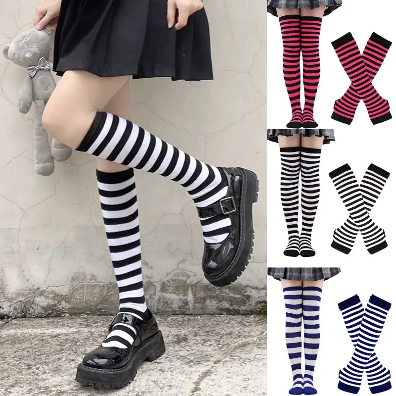 Women Girls Striped Arm Sleeve Warm Knee Socks Sweet Cute Plus Size Overknee Socks Arm Sleeve Gloves Cosplay Halloween Socks Hot