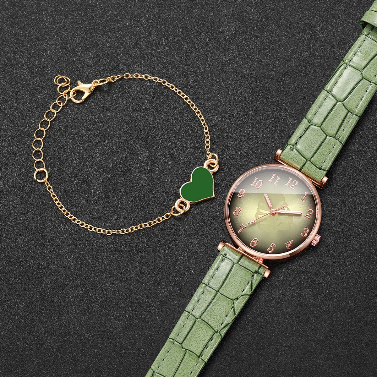 2PCS/Set Fashion Leaf  Dial Women Watch Elegant Leather Strap Ladies Quartz Watches Heart Bracelet Set Reloj Mujer (Without Box)