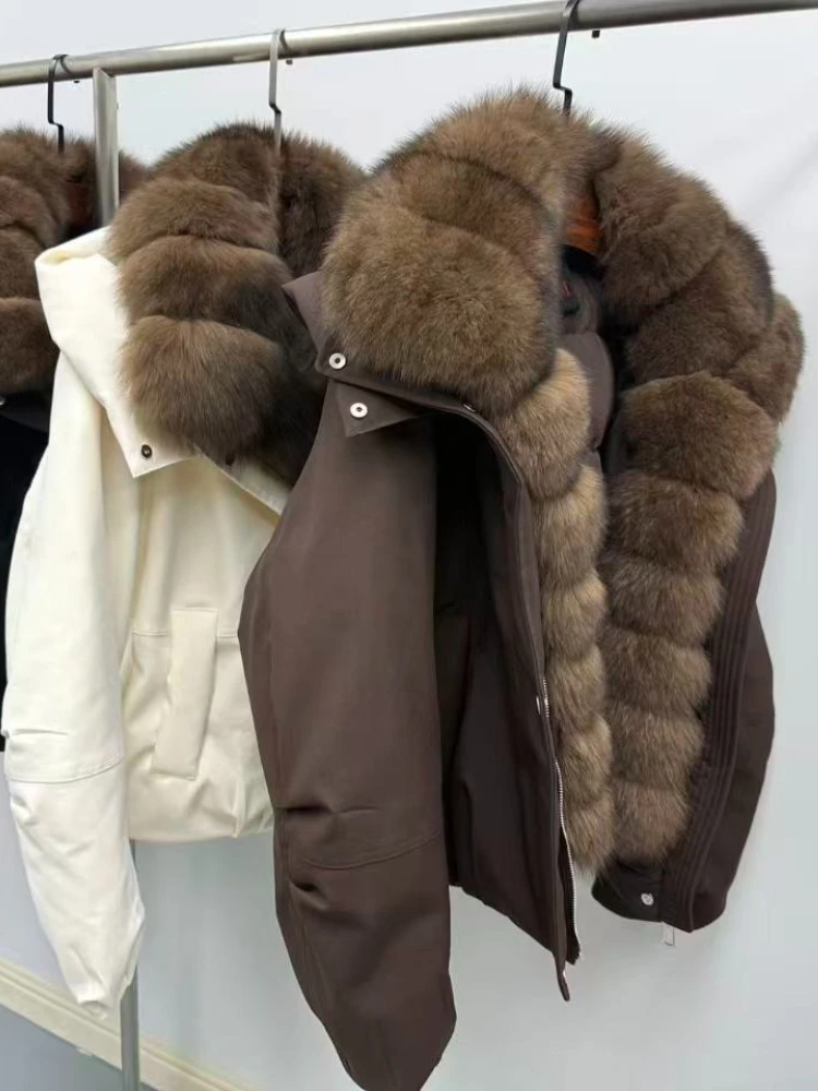 الواقع سترة الفراء يندبروف المرأة سترة الفراء الحقيقي الأبيض أوزة أسفل معطف الشتاء سميكة الدافئة عادية الطبيعية الثعلب الفراء طوق الخريف #5