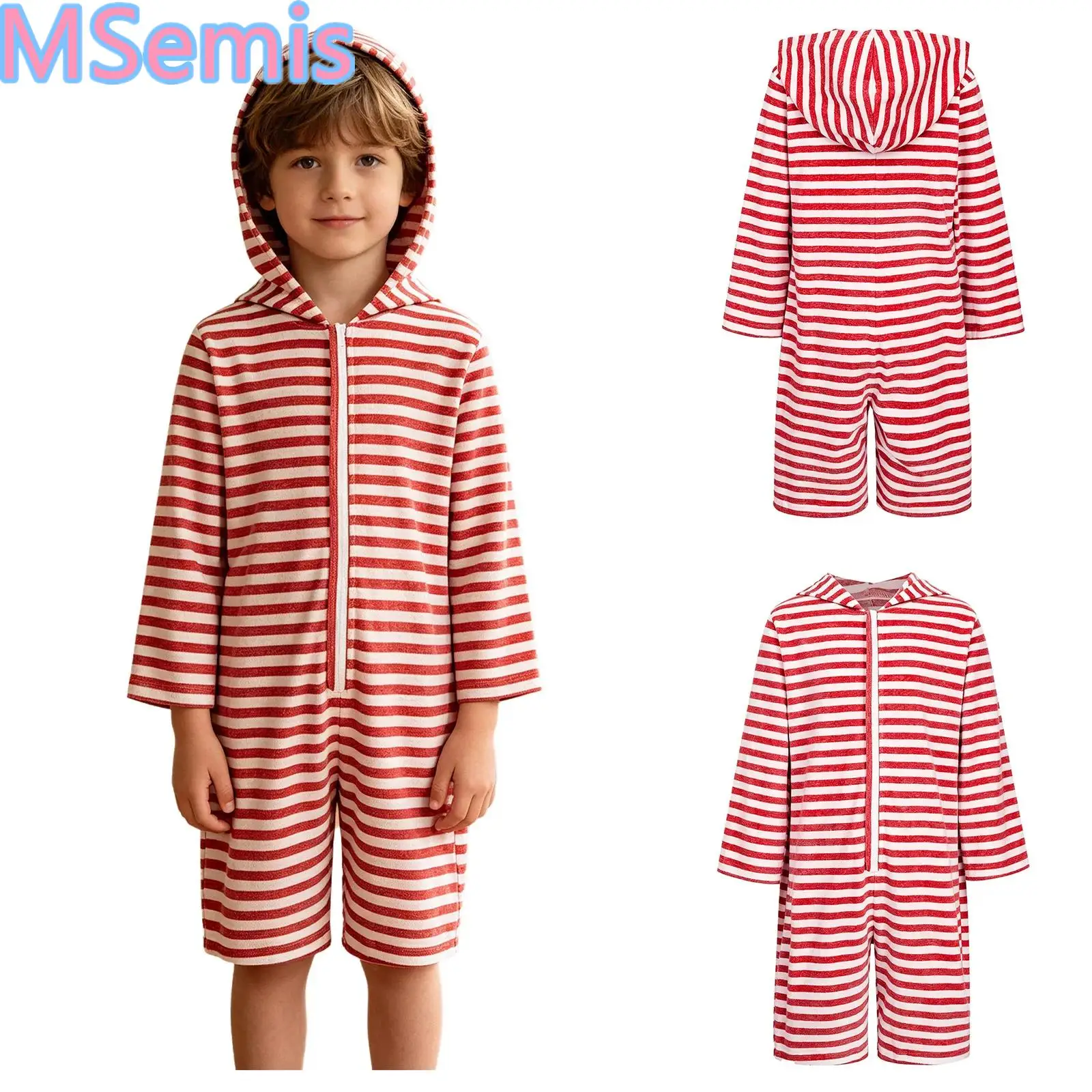 Boys Girls Striped Hooded Jumpsuit Kids Casual Long Sleeve Zipper Front Thigh Length Loose Bodysuit for Vacation Weekend Beach