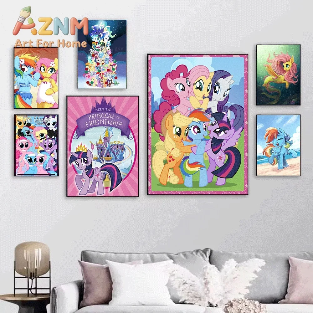 Friendship Is Magic My Little Pony Canvas Painting Unframed Cute Cartoon Pony Group Wall Art Poster for Girls Bedroom Home Dec