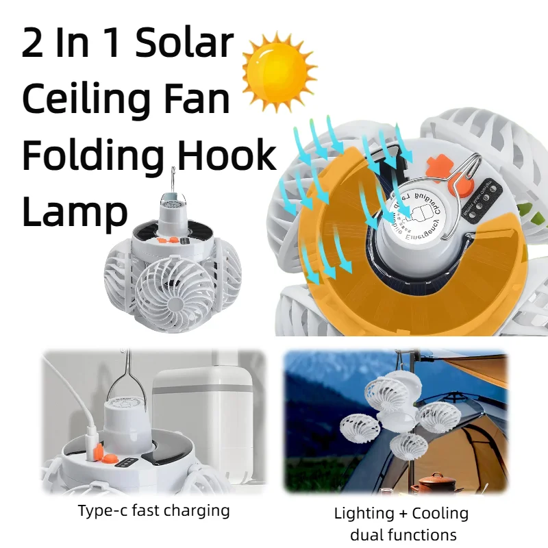 

Outdoor Camping Solar Fan Light 2-in1 - Hanging Foldable Football Fan with Hook 3 Color Changing LED Powered for Terrace