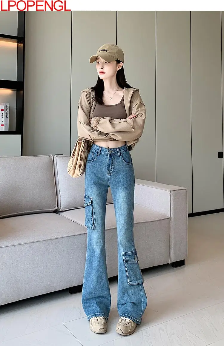 أزياء عمال زر مستقيم خمر الجينز النساء الربيع والخريف جديد فضفاض عالية الخصر الشارع الشهير متوهج السراويل العصرية