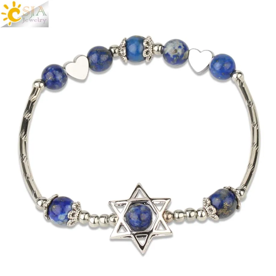 CSJA 6mm Natural Stone Hexagram Bracelet Round Bead Crystal Quartz Star of David Heart Charms Elastic Bangle for Women Girl G164