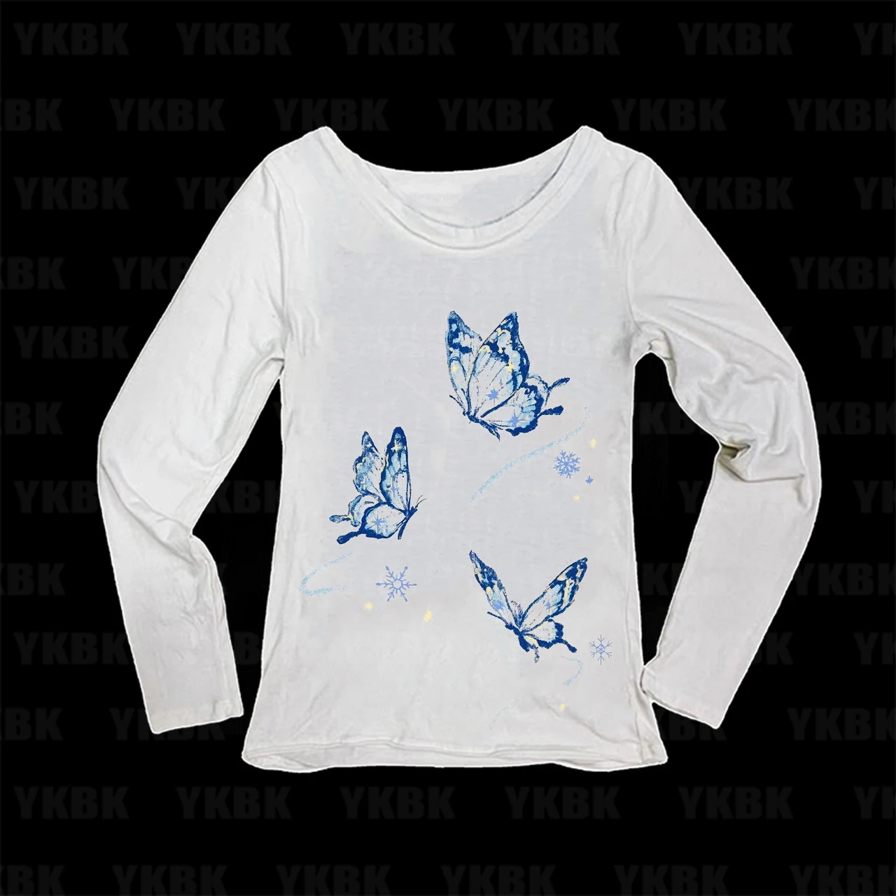 Soft Grunge Women Vintage Blue Butterfly Snow Flake Print Long Sleeve Tee Scoop Neck Slim Y2K Fairy Fitted Top