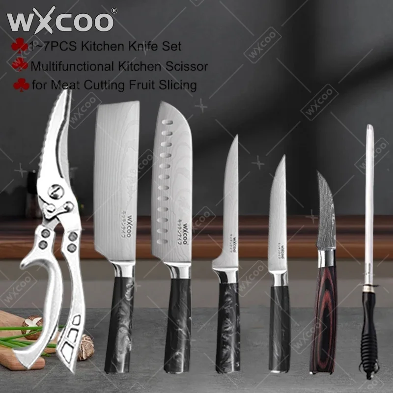 WXCOO 1~7pcs Professional Kitchen Knife Resin Handle Durable Chef Boning Knife Steak Lamb Slicing Meat Cleaver Kitchen Supplies