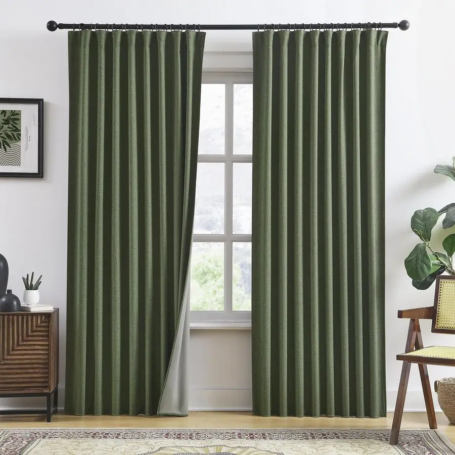 

2 PCs Olive Green Linen Blackout Curtains 84 Inch Long for Living Room,Pinch Pleated Drape with Hooks Back Tab Boho Decor, Olive