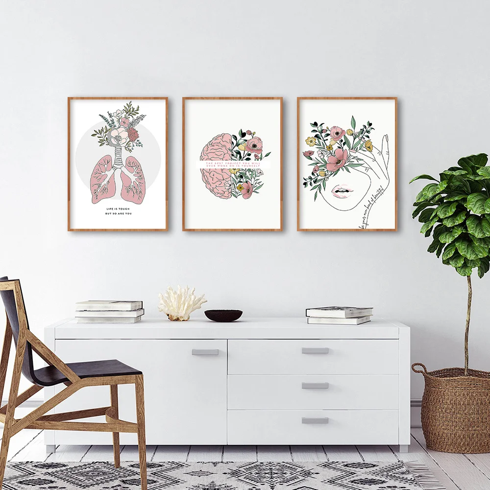 （NoFrame 3PCS）-2D Flat, 2D Flat, Set of 3 Abstract Girl Line Flower Brain Posters for Self-Improvement, Motivational Art, Nor