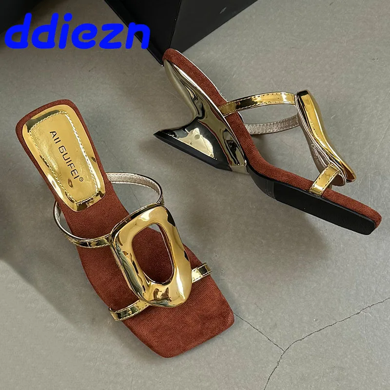 Luxury Female Wedges Slippers Footwear Golden Shoes For Women Fashion Metal Shallow Ladies Wedges Slides Sandals Pumps Shoes