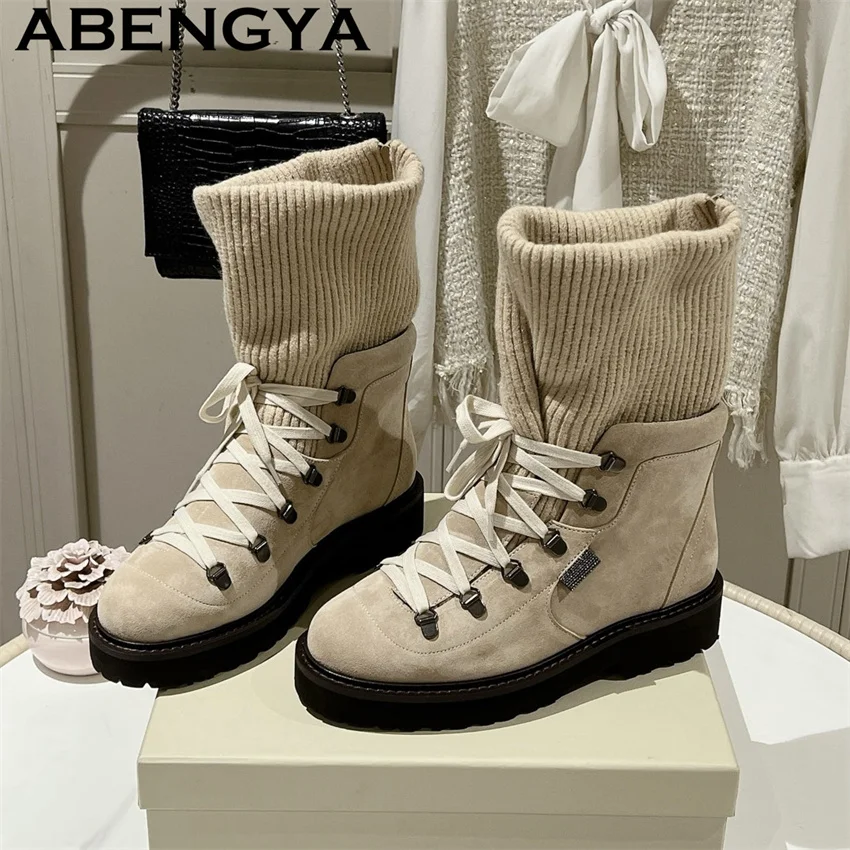 2026 Winter New Fashion Week Knit Socks Boots Women Round Toe Lace Up Ankle Boots Woman Suede Leather High Top Punk Store Boots