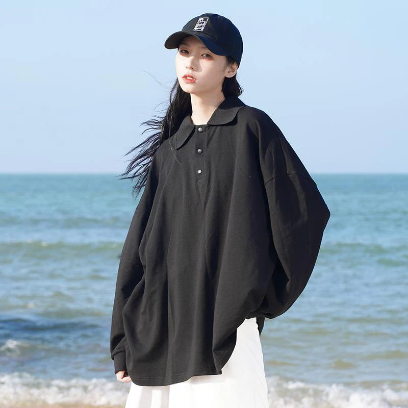 

Cotton Summer Spring Polo Button Women Thin Korean Fashion Harajuku Casual Plain Oversized Long Sleeve Tops White 2023 T Shirts