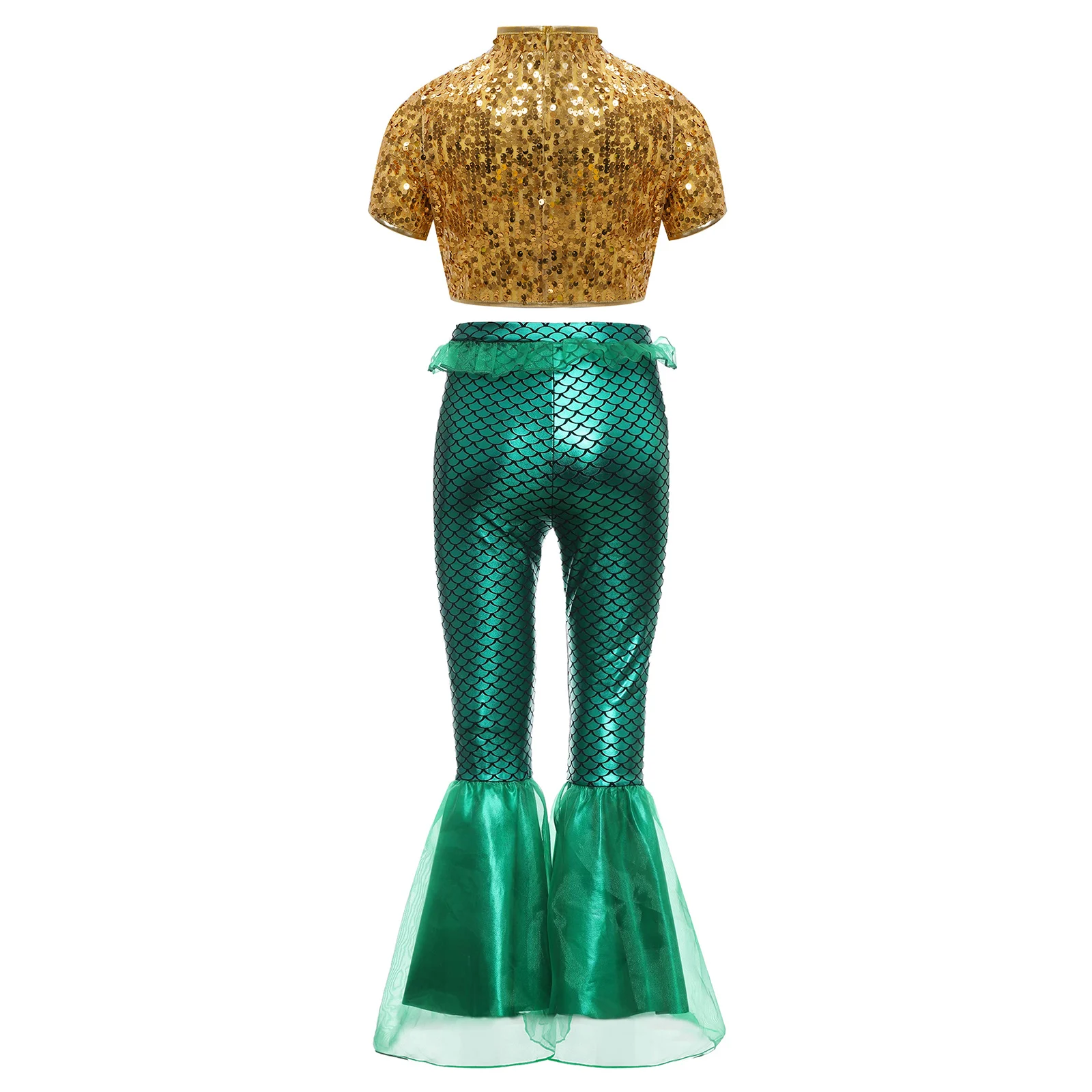 Trajes de Cosplay del rey de los mares de sirena para niñas, disfraz de fiesta temática, Top corto de lentejuelas brillantes con pantalones con volantes estampados de escamas de pescado
