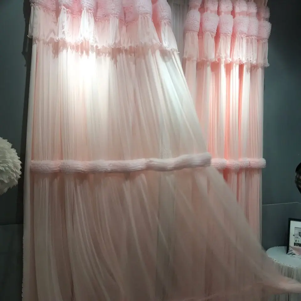 Korean Princess Style Lace Curtain Double Layer Pink Curtain for Living Room Bedroom