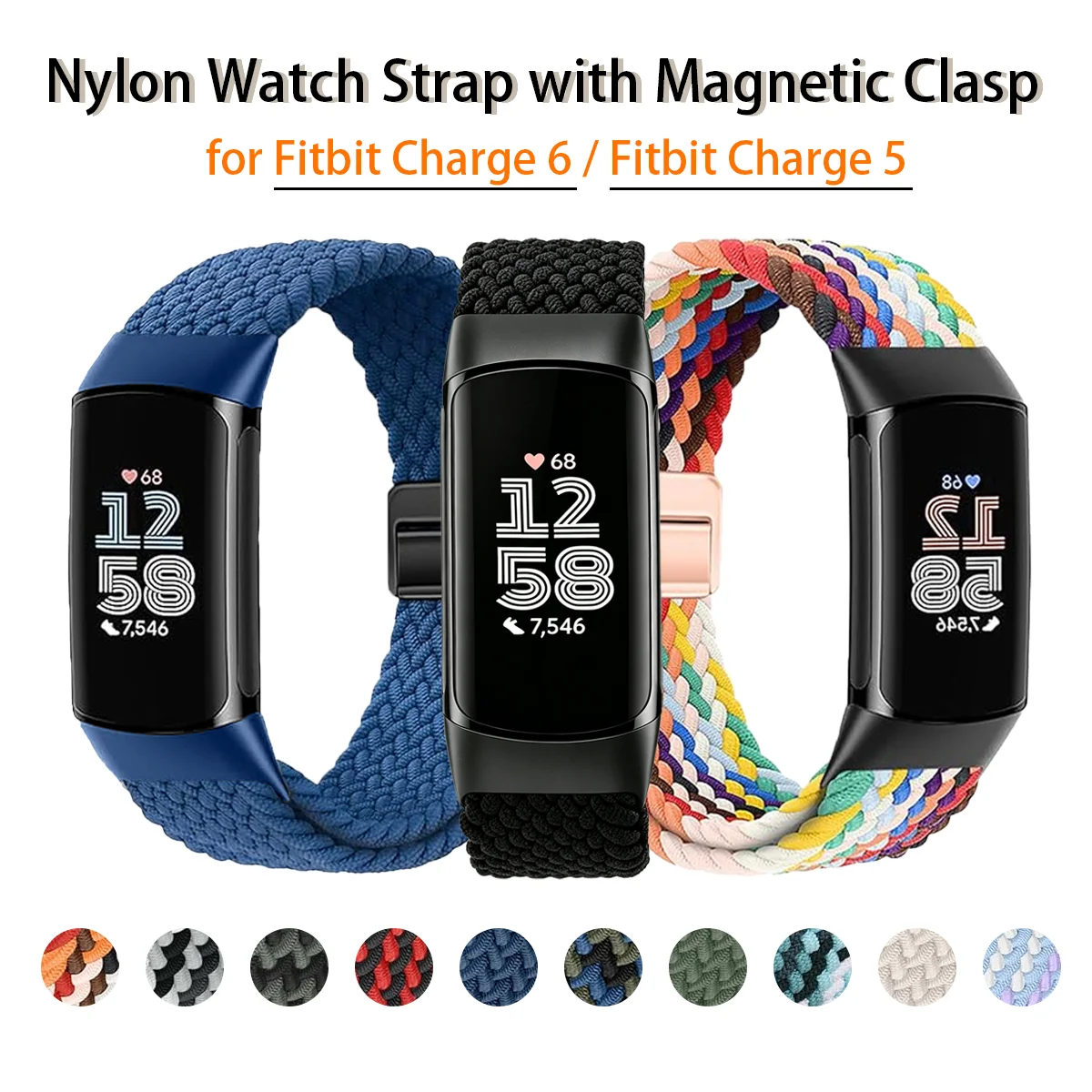 Braided Bands Compatible with Fitbit Charge 6/5 Band Women Men|Sport Nylon Loop Replacement Straps for Fitbit Charge 6/Charge 5