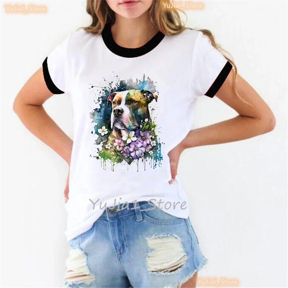 Pitbulls Love Blue Floral Dog Print T Shirt Girls Yorkshire Terrier/Golden Retriever Tshirt Women Summer Kawaii Dog T-Shirt