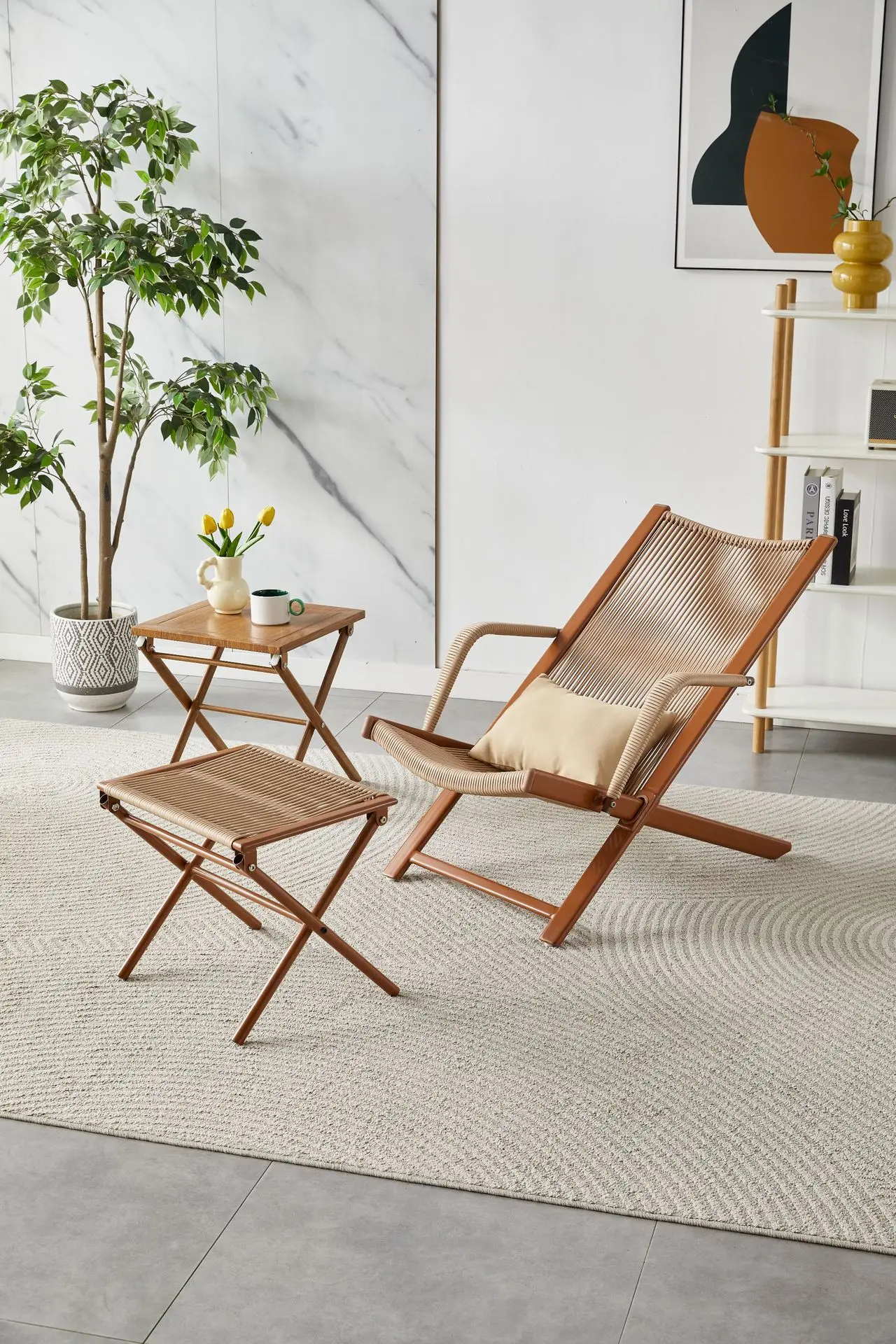 Home Freizeit Rattan Liege Balkon Outdoor Rattan Tisch und Stuhl dreiteiliges Set Nickerchen Rückenlehne Liege