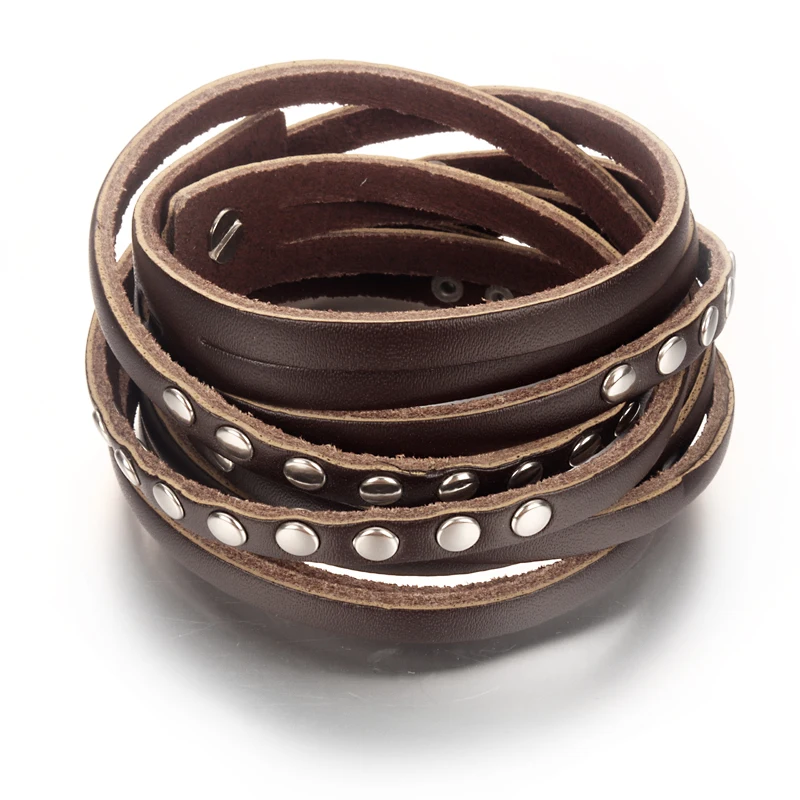 Multi-turn Punk Rock 069 Real Genuine Leather Bangle Bracelet Charm Jewelry For Women Men Gift 65cm 25.6inch