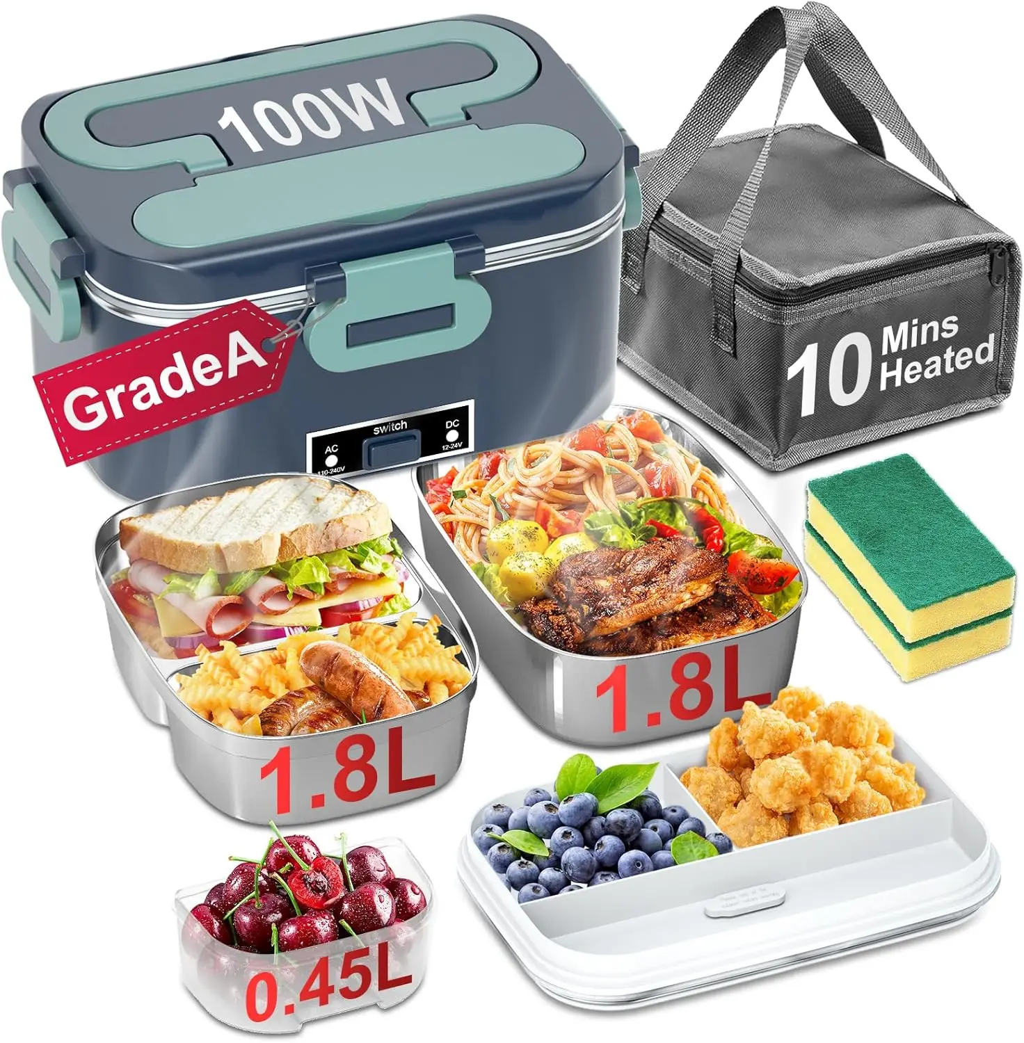 

2 Pack 1.8L Electric Lunch Box - Fast Heating, Leak-Proof, 3-in-1 for Car/Truck/Home