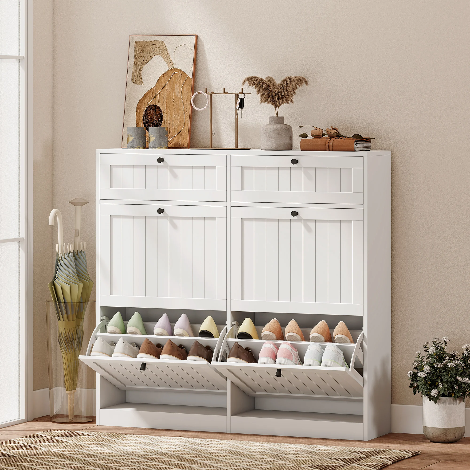Meuble à chaussures fin de 105 cm avec 4 tiroirs inclinables, rangement blanc pour entrée, étagères réglables et conception anti-basculement, capacité de 16 à 20 paires